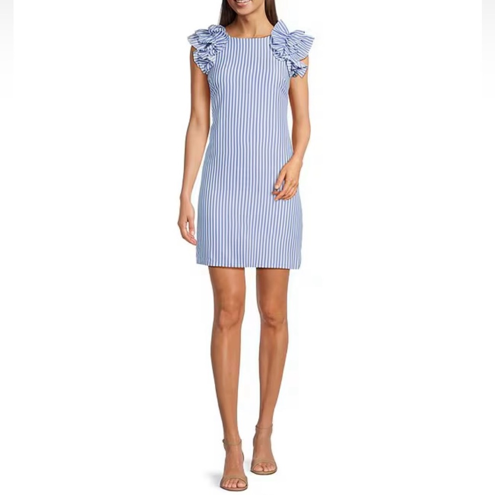 Jessica Howard Women's Ruffled Sleeveless Crewneck Sheath Dress Seersucker 14